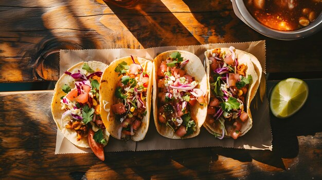 Vista superior de los tacos poke una fusión culinaria inspirada en la comida callejera mexicana