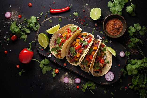 Vista superior de los tacos tradicionales mexicanos con verduras en un plato de madera