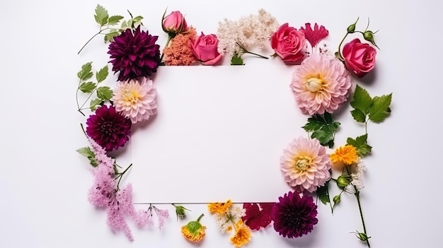 Vista superior de la tarjeta en blanco con flores Flores orgánicas abstractas Blooming floral sobre fondo blanco