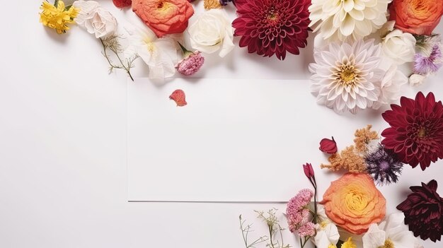 Vista superior de la tarjeta en blanco con flores Flores orgánicas abstractas Blooming floral sobre fondo blanco