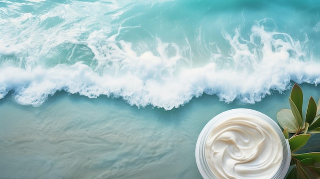 Vista superior del tarro de crema para el cuidado de la piel en Ocean Wave Generado por IA