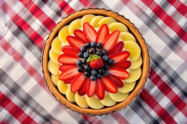 Foto vista superior de una tarta de frutas sobre un mantel a cuadros