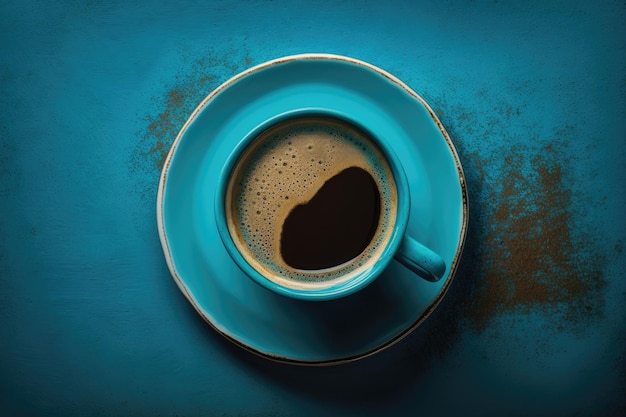 Vista superior de una taza de café caliente sobre un fondo de madera azul