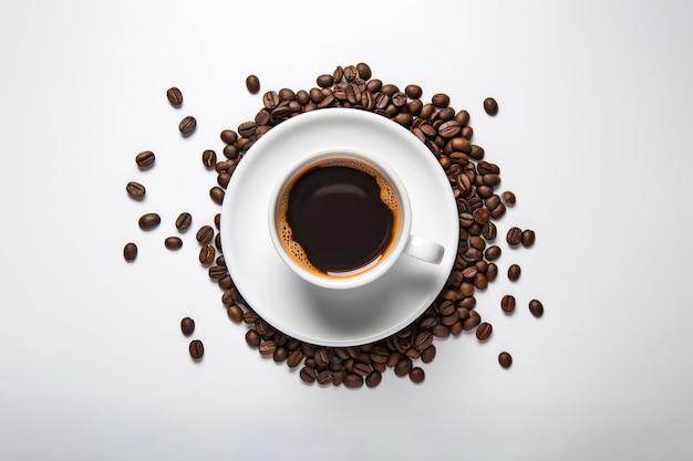 Vista superior de una taza de café con granos de café alrededor aislado sobre fondo blanco.