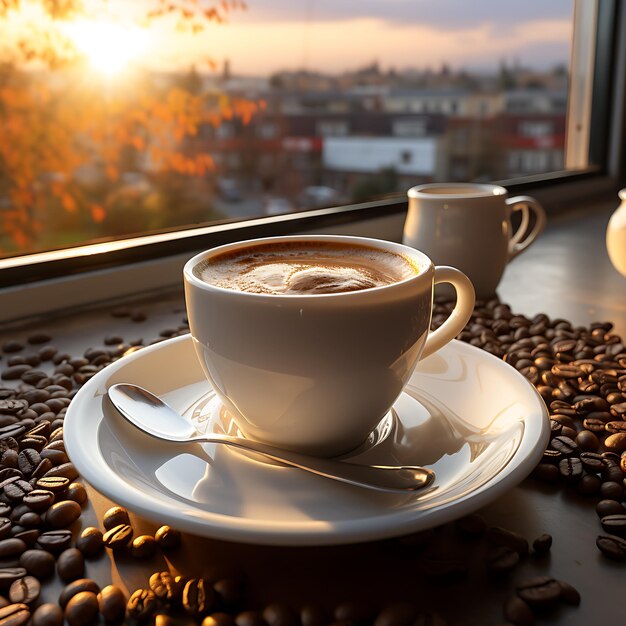 Vista superior de la taza de café en una mesa algunos granos de café cafetería moderna