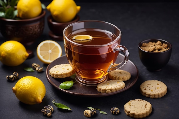 Vista superior taza de té con galletas y limón sobre fondo oscuro foto de color dulce de té