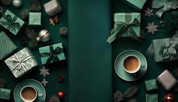 Foto vista superior de las tazas de café con regalos de navidad adornos de navidad decoraciones de navidad en los lados