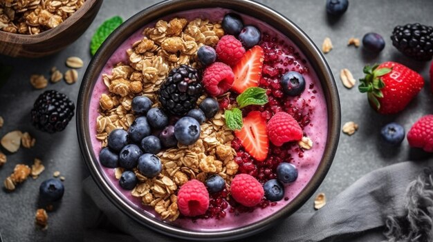 Vista superior del tazón de batido de bayas con granola de coco IA generativa