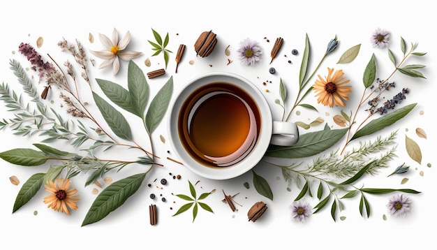 Vista superior de té con hierbas y flores en una taza IA generativa