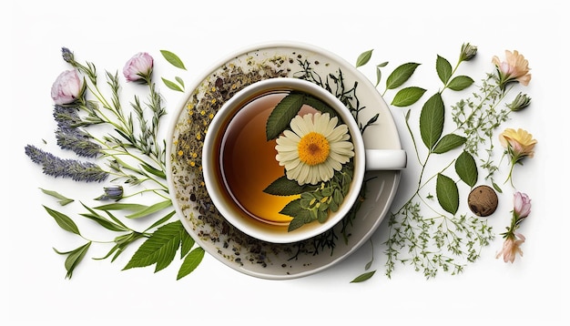 Vista superior de té con hierbas y flores en una taza IA generativa