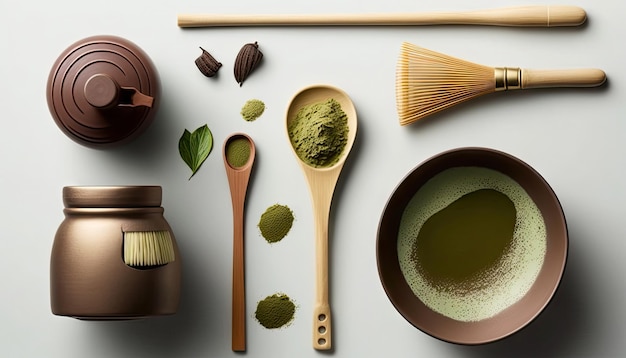 Vista superior del té verde en polvo Matcha en un tazón cuchara batidor de bambú bebida tradicional AI generativa