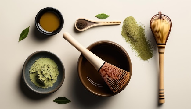 Vista superior del té verde en polvo Matcha en un tazón cuchara batidor de bambú bebida tradicional AI generativa