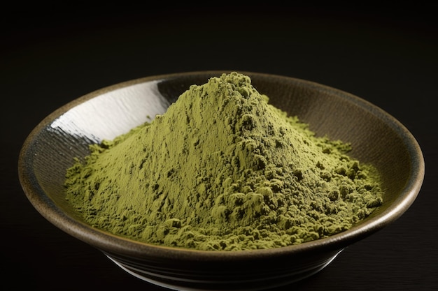 Vista superior del té verde en polvo Matcha en un tazón cuchara batidor de bambú bebida tradicional AI generativa