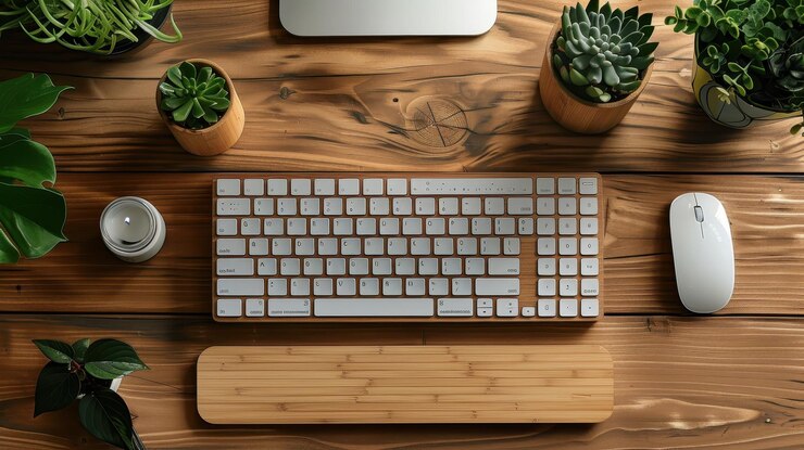 Una vista superior de un teclado en un escritorio de madera con plantas y suministros de oficina