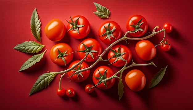 Vista superior de tomates cherry orgánicos sobre un fondo rojo.