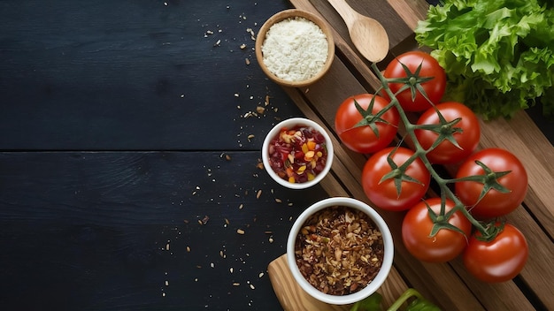 Vista superior tomates rojos frescos con escritorio de madera en fondo oscuro comida de salud ensalada comida foto a color