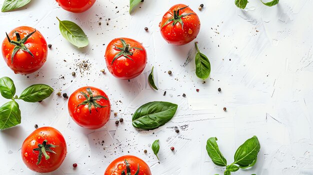 Vista superior de tomates rojos orgánicos frescos y hojas de albahaca verde en el rústico blanco