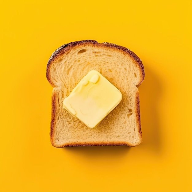 Vista superior de tostadas frescas de desayuno saludable con mantequilla sobre fondo de mostaza amarilla