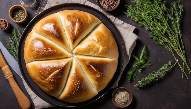 Vista superior del tradicional pan Pita o Khachapuri con hierbas