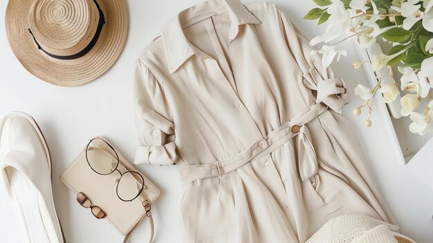 Vista superior del traje de verano de las mujeres con sombrero de paja, gafas de sol, vestido de crema y zapatos blancos sobre fondo blanco