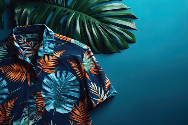 Vista superior de un traje de verano sobre un fondo azul con un espacio de copia Ilustración de un traje de playa de una camisa tropical sobre un fondo azul brillante con ramas de helecho ai generativo