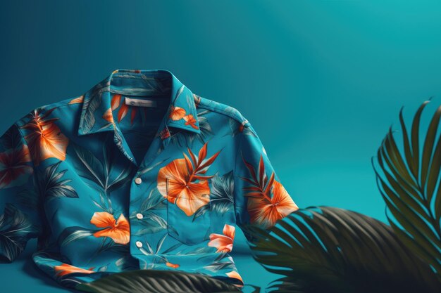 Vista superior de un traje de verano sobre un fondo azul con un espacio de copia Ilustración de un traje de playa de una camisa tropical sobre un fondo azul brillante con ramas de helecho ai generativo