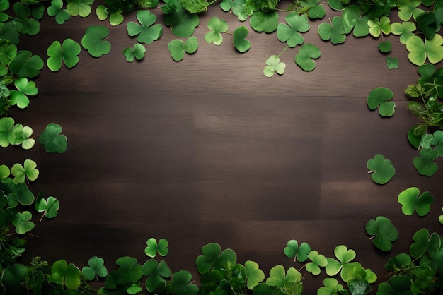 Vista superior de tréboles verdes de cuatro hojas dispersos en un fondo de madera espacio de pancarta para su propio contenido trébol verde de cuatro hojes símbolo del Día de San Patricio