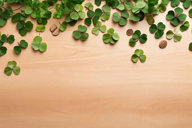 Vista superior de tréboles verdes dispersos en un estandarte de fondo claro con espacio para su propio contenido El trébol verde de cuatro hojas es el símbolo del Día de San Patricio