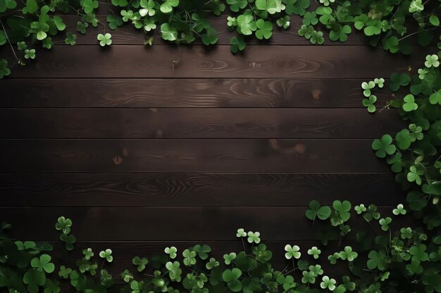 Vista superior de tréboles verdes esparcidos en un estandarte de fondo de madera oscura con espacio para su propio contenido El trébol verde de cuatro hojas es el símbolo del Día de San Patricio