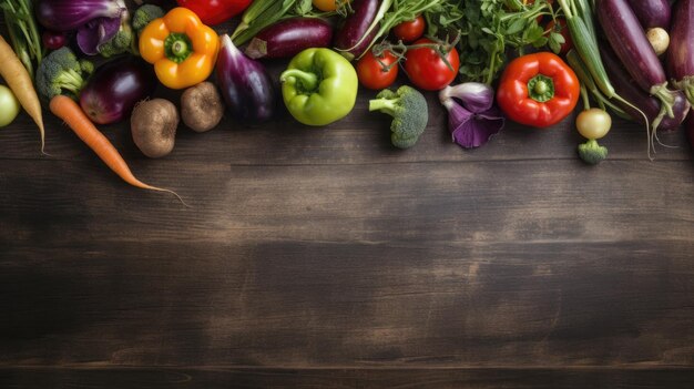 Foto vista superior de varias verduras en un fondo de madera rústico con copia de espacio generativo ai