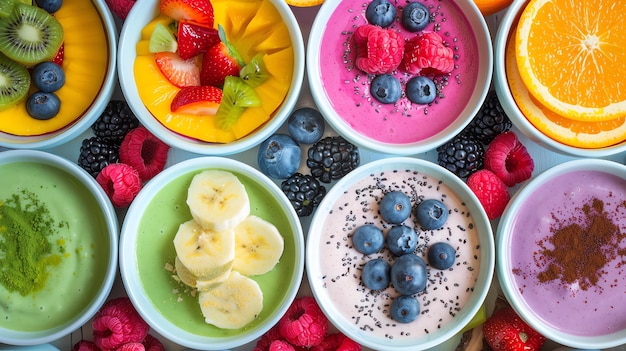 Foto vista superior de una variedad de cuencos de batidos saludables con frutas frescas bayas y semillas de chia los cuencos están dispuestos sobre un fondo de madera encalada blanca