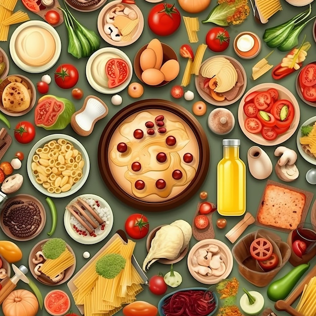 Vista superior de varios alimentos como ilustración de fondo del concepto culinario