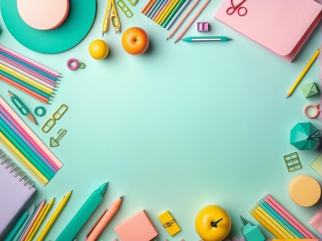 Vista superior de varios artículos de papelería brillantes en el concepto de la escuela de fondo pastel