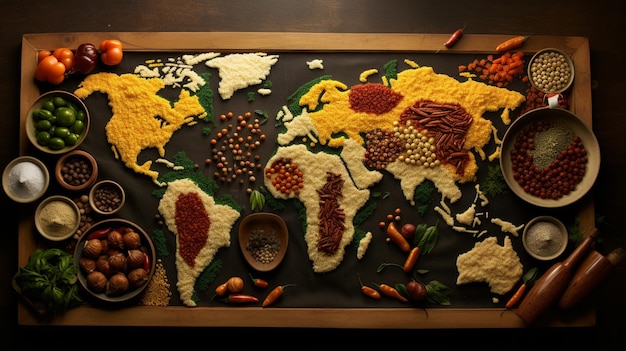 Foto vista superior de varios platos coloridos en forma de un mapa del mundo