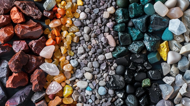 Vista superior de varios tipos y colores de piedras mini rocas mantenidas como una fila en un fondo limpio o un fondo de naturaleza IA generativa