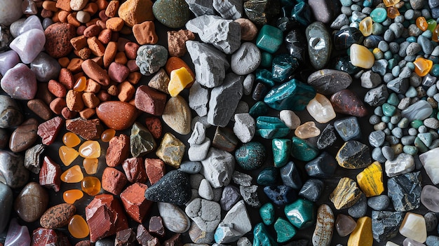 Vista superior de varios tipos y colores de piedras mini rocas mantenidas como una fila en un fondo limpio o un fondo de naturaleza IA generativa