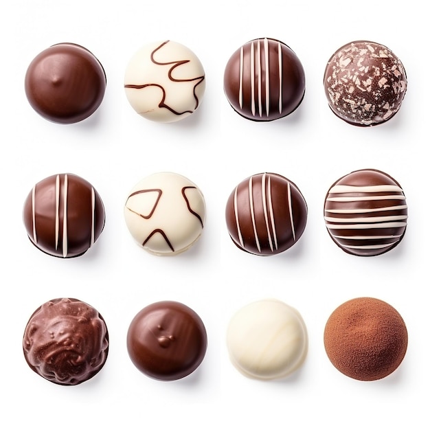 Foto vista superior de varios tipos de dulces de chocolate.