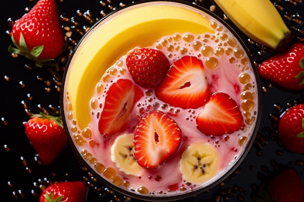 Vista superior de un vaso de batido con un remolino de puré de bayas mezclado en la parte superior