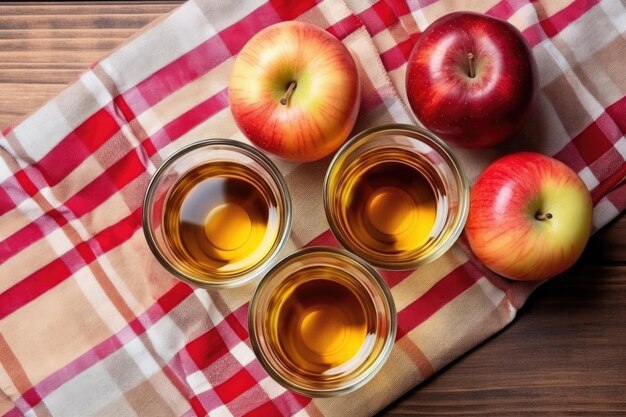 Vista superior de un vaso de vinagre de sidra de manzana sobre un mantel a cuadros