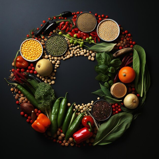 Vista superior de verduras frescas, frutas y legumbres sobre un fondo negro concepto de alimentos saludables