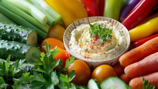 Foto vista superior de verduras frescas y hummus las verduras están dispuestas alrededor del hummus en un círculo el hummus está en un cuenco