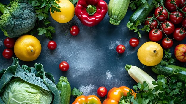 Vista superior de verduras y frutas calabacín lleno de vida Ai generativo