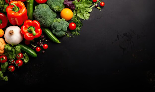 Vista superior de verduras sobre fondo negro Banner de comida orgánica vegetariana Ingrediente de cocina zanahoria tomates pepino pimiento brócoli cebolla Copiar espacio Creado con herramientas generativas de IA