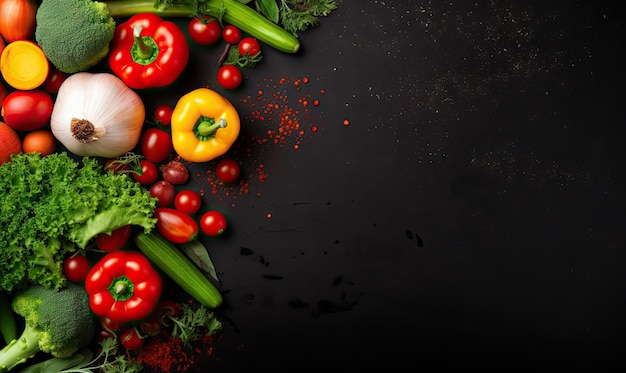 Vista superior de verduras sobre fondo negro Banner de comida orgánica vegetariana Ingrediente de cocina zanahoria tomates pepino pimiento brócoli cebolla Copiar espacio Creado con herramientas generativas de IA