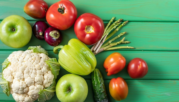 Vista superior de las verduras sobre el fondo verde de madera Concepto de frutas y verduras frescas