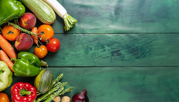 Vista superior de las verduras sobre el fondo verde de madera Concepto de frutas y verduras frescas