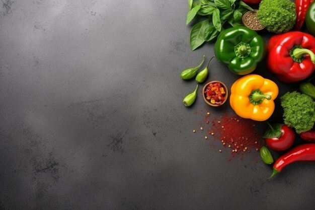 Vista superior de verduras y verduras con pimienta en un espacio gris