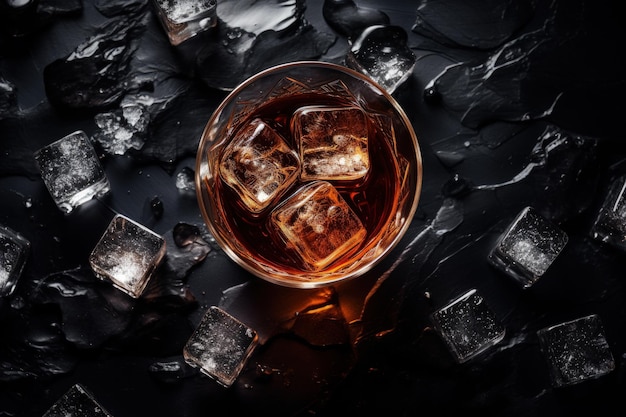 Vista superior de whisky con hielo acompañado de un espacio para copiar cigarros disponible