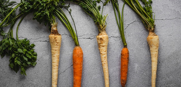 Foto vista superior de zanahorias y raíces de perejil