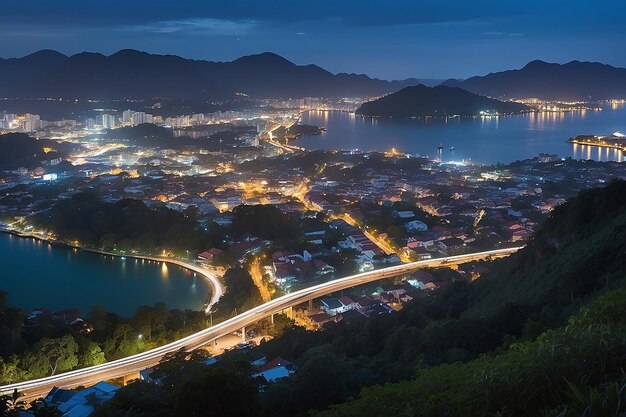 Vista desde una tabla de madera sobre la ciudad de Phuket por la noche